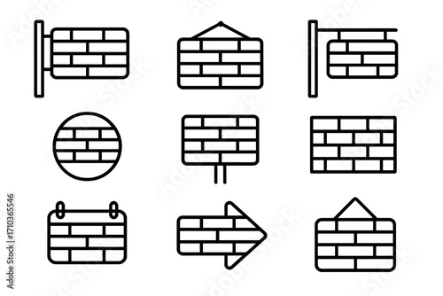 Brick wall outline icon set. Vector collection of block signs and symbols. Metaphor for barrier, obstacle, firewall, or construction. Editable stroke line art pictogram pack.