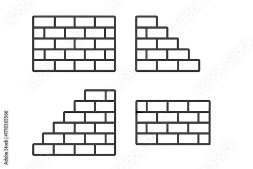 Brick wall outline icon set. Vector line art collection of masonry and construction graphics. Editable stroke design elements for building, architecture, and barriers.