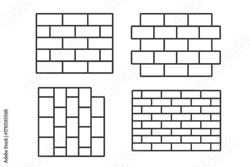 Brick wall outline icon set. Collection of different brickwork patterns and masonry textures. Vector line art illustration with editable stroke for construction or building design.