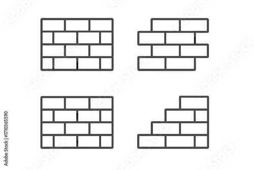 Brick wall outline icon set collection. Vector line art of masonry construction. Editable stroke symbols for building, barrier, and firewall concepts. Simple block stonework graphic.