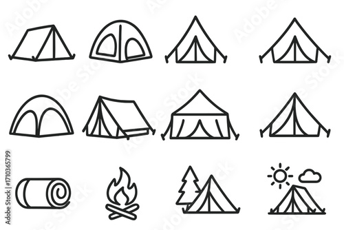 Camping tent line icon set for graphic design. Bundle of various outline signs for web, apps, ads. Vector symbols for adventure, hiking, travel, outdoor, nature, tourism.
