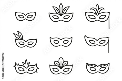 Carnival mask line icon set. Masquerade party, festival celebration concept. Venetian theater costume vector symbols. Editable stroke outline graphic design elements for web.