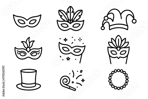 Carnival party icon set. Masquerade mask, jester hat, beads, party blower line icons. Mardi Gras festival vector illustration collection. Simple linear design elements.