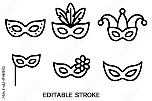 Carnival mask line icon set. Masquerade party, festival celebration symbols. Includes Venetian, jester, feathered designs. Vector for costume party, Mardi Gras. Editable stroke.