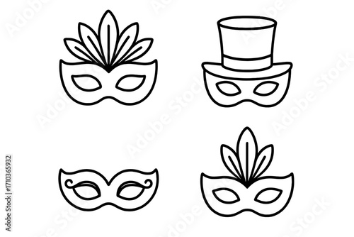 Carnival mask line icon set for celebration, party and festival. Masquerade vector collection. Editable stroke outline icons with feather, top hat for Mardi Gras design.