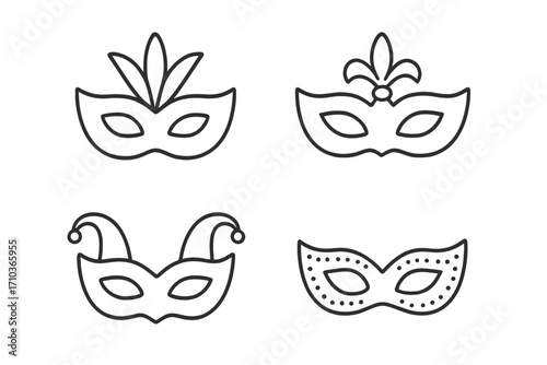Set of carnival mask thin line icons. Masquerade ball party symbols collection. Mardi Gras parade, venetian festival outline drawing. Editable stroke vector illustration.