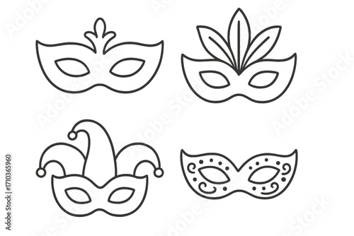 Carnival mask icon set. Vector line art collection for masquerade ball, Mardi Gras, or festival. Venetian, jester, and feather masks. Party celebration graphic design elements.