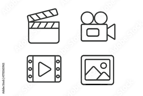Movie and photo line icon set. Clapperboard, film camera, video player, and picture symbols. Minimalist outline pictogram collection for web, app, and UI design. Vector.