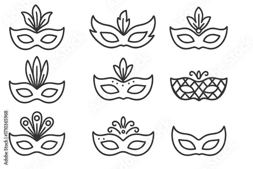 Carnival mask line icon set. Masquerade party and festival vector symbols. Venetian & Mardi Gras decorative face disguise with feathers. Celebration & theatre outline collection.