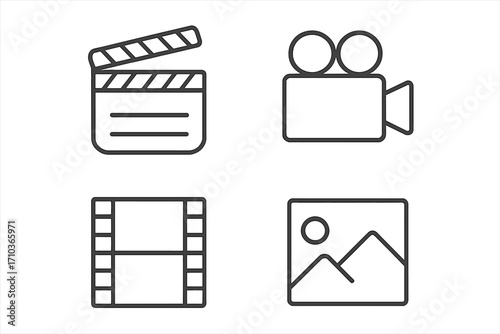 Movie and photo line icon set. Clapperboard, film camera, video, picture icons. Cinema production pictogram collection. Minimal linear vector illustration with editable stroke.