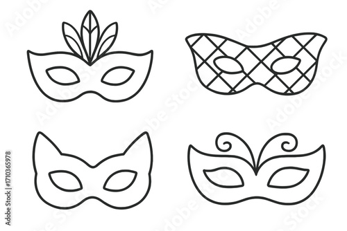 Carnival mask line icon collection. Masquerade party vector set. Venetian, Mardi Gras, and festival celebration symbols. Minimalist outline design for masquerade ball.