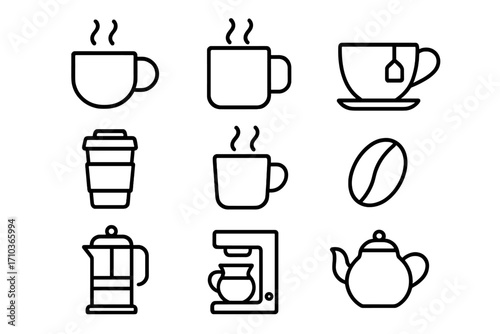 Coffee and tea line icon set for cafe and restaurant. Vector outline symbols for hot drinks, beverage, barista. Includes mug, teapot, french press, coffee maker, bean. Editable stroke.