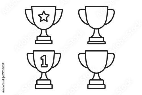 Trophy cup line icon set for winners and competitions. Award symbols collection. First place prize with star and number one. Vector outline for championship, success, and achievement.