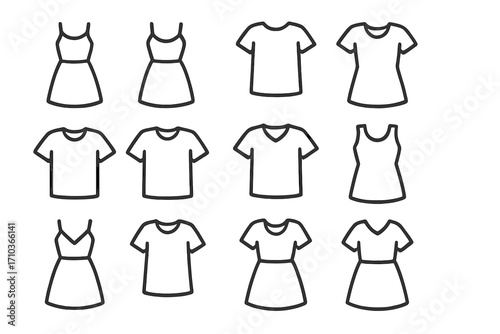 Clothes line icon collection. T-shirt and dress simple outline pictogram set. Fashion garment and apparel symbols for web or app design. Editable stroke vector illustration.