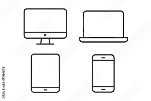 Device line icon set. Computer monitor, laptop, tablet, and smartphone symbols. Electronic gadget outline pictogram pack for web design, app interface, and mobile. Vector illustration.