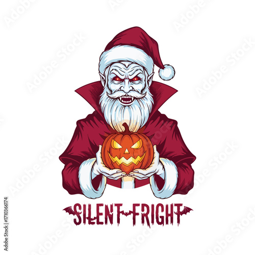 A vampire santa holding a carved pumpkin with silent fright text below him halloween tshirt design
