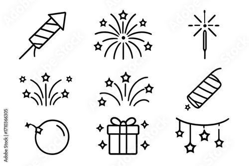 Celebration party line icon set. Thin outline icons for New Year, birthday, Christmas. Vector symbols of fireworks, gift box, rocket, firecracker, bomb, sparkler, and festive decorations.