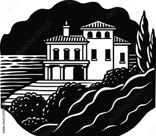 Vintage sketch of an ancient Greek orthodox church in a city landscape, an urban illustration of old temple architecture