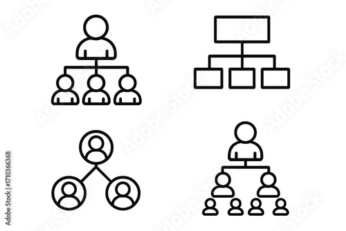 Hierarchy icon set for business organization. Corporate structure and team management concept. Leadership, flowchart, and workflow diagram signs. People network connection.