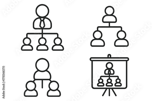 Business hierarchy line icon set. Corporate organizational chart, company structure, and management concept. Vector outline symbols for infographics, reporting line, and teamwork.