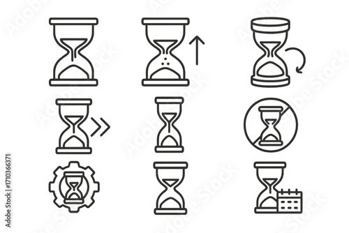 Hourglass sandglass timer outline icon set. Time management, deadline, and countdown concept. Editable stroke vector for web, apps. Loading process, history, sand clock symbols.