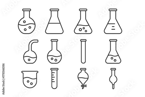 Science and chemistry line icons set. Laboratory glassware, chemical research equipment. Vector illustration of flask, beaker, test tube for experiment. Editable stroke icons.