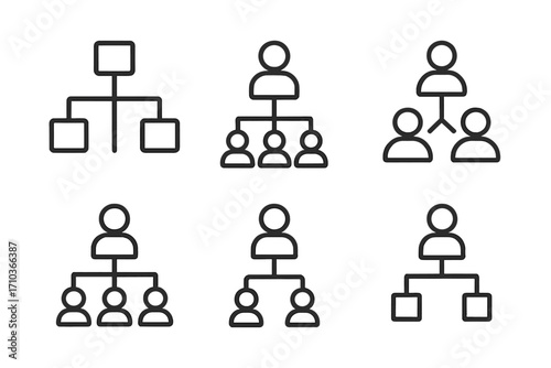 Hierarchy and organization icon set. Business management and corporate structure concept. Teamwork, leadership, and subordination flowchart symbols. Editable stroke vector icons.