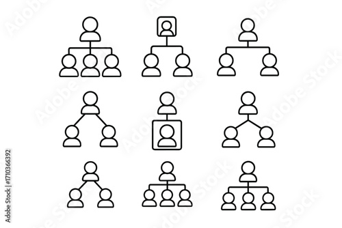 Hierarchy icon set for business structure and organization charts. Leadership, management, and corporate teamwork concepts. Vector icons of personnel and network connections.