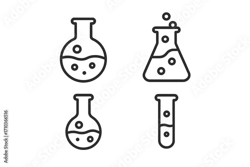Chemistry lab line icon set. Science experiment, research concept with flask, test tube, beaker. Vector chemical laboratory glassware illustration with editable stroke for web, ui.