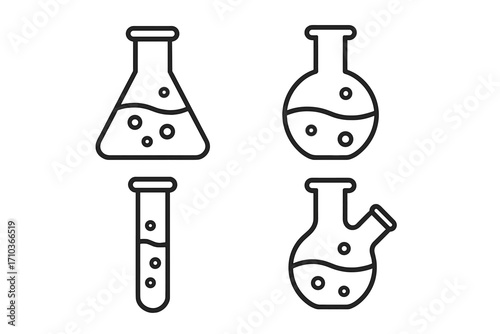 Chemistry lab glassware line icon set. Vector outline symbols of a flask, beaker, and test tube for science experiments or research. Editable stroke icons for UI, web design, app.