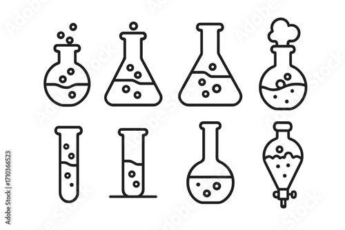 Chemistry lab line icon set. Laboratory glassware, flask, test tube, beaker symbols. Science experiment, research, discovery concept. Vector illustration with editable stroke.