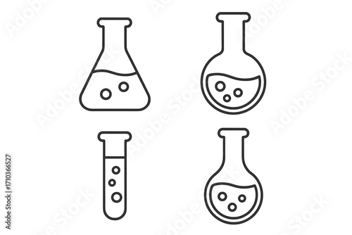 Laboratory bulbs icon set with editable stroke, chemical flasks and test tube vector illustration for web, books, cards, apps, laboratory science equipment, transparent background, ordered collection