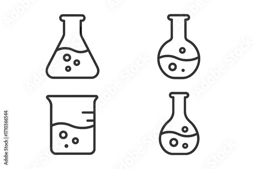 Laboratory glassware icons set, editable stroke vector, chemistry bulbs illustration with bubbles, scientific beakers and flasks for web, books, education, and apps design