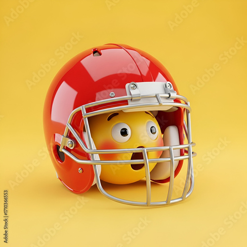 Emoji wearing a red american football helmet with a surprised expression on a yellow background