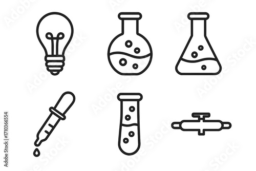 Laboratory bulb and glassware icons set, science test tubes, flasks, pipette line symbols for web, books, cards, apps, editable stroke vector illustration, chemistry lab tools