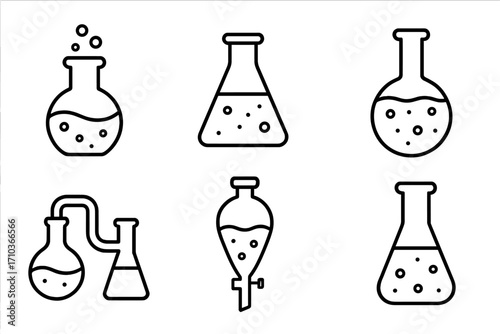 Laboratory bulbs and flasks line icons set, chemical science equipment, editable stroke vector illustrations for websites, books, cards, apps, scientific experiments design