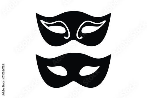 Different Mask silhouette isolated on transparent background Masquerade vector for apps or web party superhero carnival villain or burglar icon in flat. 
costume eye mask hidden person face.