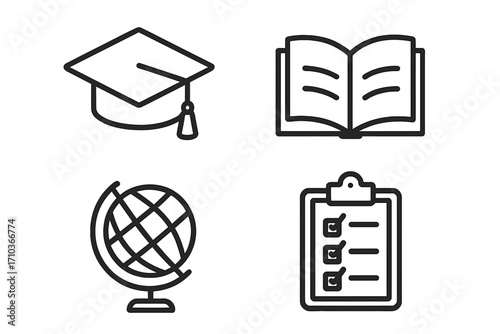 Outline education icons collection, editable stroke vector set for infographics and articles, graduation cap, open book, globe, checklist clipboard, perfect for flyers and banners design