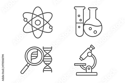Science icons set with editable stroke outline design, featuring atom, laboratory glassware, DNA analysis, and microscope illustrations perfect for infographics, articles, books, flyers, and banners