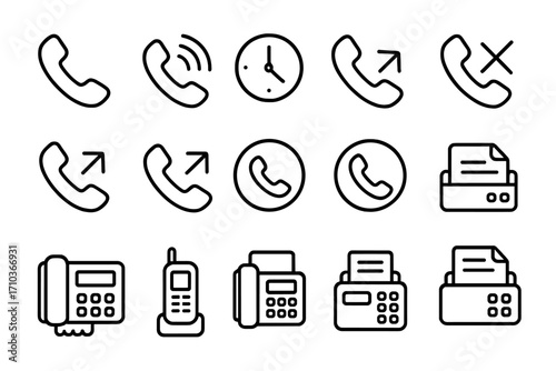 Phone and fax related line icons collection for websites, books, cards, apps, editable stroke vector illustration, telephone and fax device icons set, communication symbols, office technology design