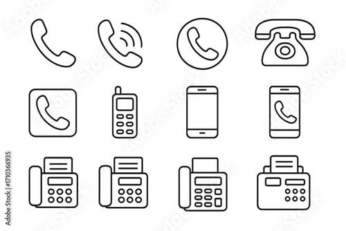 Phone and fax related line icons for websites, books, cards, and apps, editable stroke, modern vector cartoon illustration set with telephone, mobile, fax, communication symbols