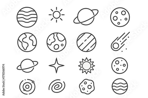 Set of Thin Line Icons of Planets and Celestial Bodies, Editable Stroke Vector Cartoon Illustrations, Space Objects, Solar System, Astronomy Symbols for Websites, Books, Cards, and Apps