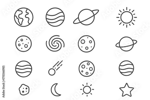 Planets and celestial bodies icons set. Thin editable stroke cartoon vector illustration. Space objects including planets, moon, sun, meteor, star. Suitable for websites, books, apps