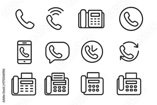 Phone and fax line icons set for websites, books, cards, apps, editable stroke vector illustration, communication symbols, telephone, mobile, fax machine, call, message, contact