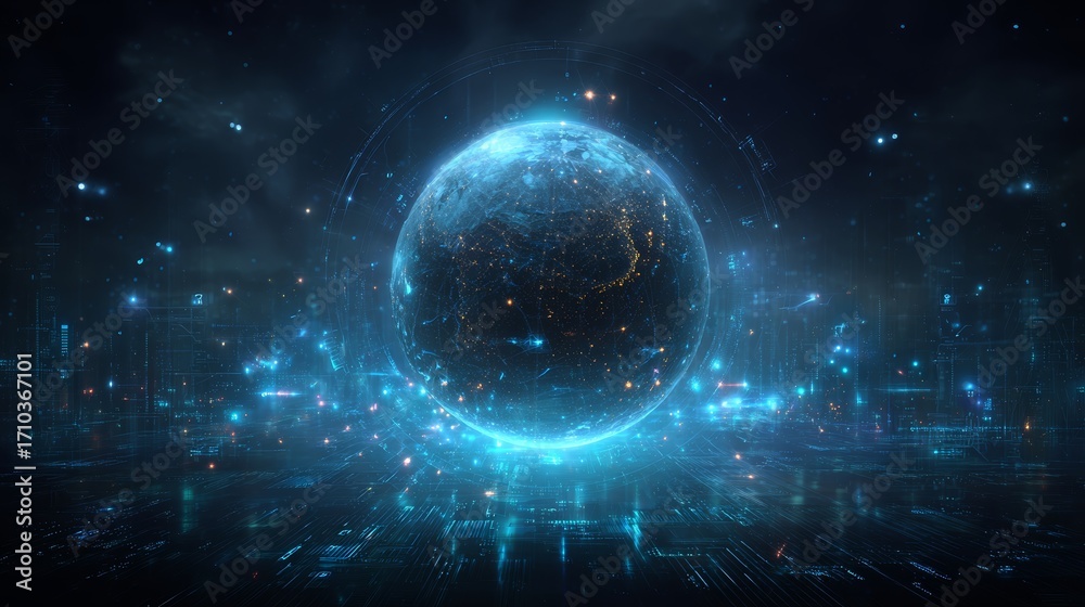 Fototapeta premium Futuristic digital globe with blue lights and technological elements in space