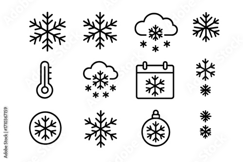 Snowflakes icon set with editable stroke, winter weather symbols, snowflake calendar and thermometer, vector holiday decoration, cartoon transparent background, web and app design elements