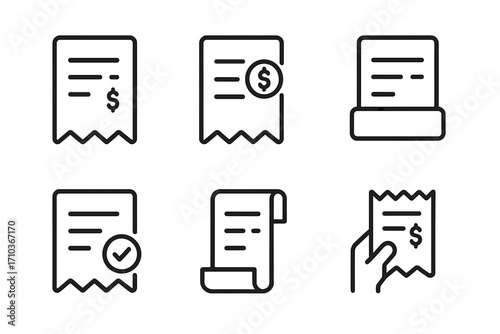 Minimalistic Store Receipt Icon Pack with Editable Stroke, Linear Line Art for Cards, Apps, Banners, and Posts, Vector Cartoon Illustration of Shopping Receipts