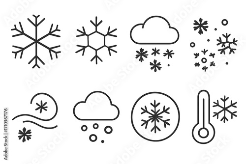 Snowflake weather icons set, editable stroke line art vector images for web design, digital apps, books, cards, winter season symbols, cold temperature, snowfall graphics, cartoon style
