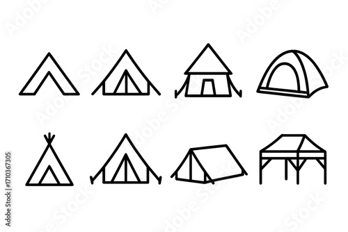 Tent line icon pack, outline camping and outdoor adventure symbols for graphic design, website, mobile apps, adverts, vector cartoon illustration set with transparent background, camping gear