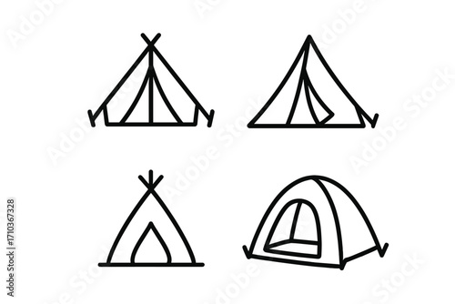 Minimalistic Tent Outline Icons Set, Vector Cartoon Style Camping Tent Symbols for Design, Apps, Social Media, Cards, Outdoor Adventure, Travel, Camping Equipment, Transparent Background